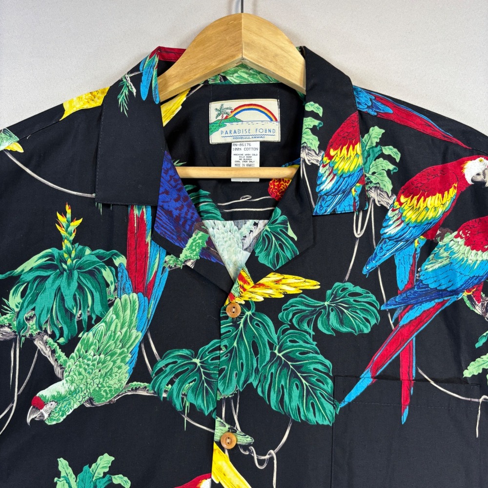 NEW Paradise Found Hawaiian Shirt XL Black Parrot Tropical Cotton Hawaii NWT